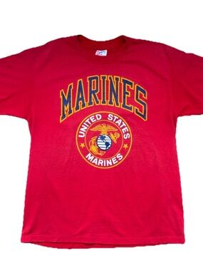 Vintage USMC Marines T Shirt Mens L Hanes 50/50 Single Stitch Made in USA FLAWS